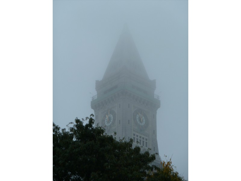 Clock tower shrouded in the fog
